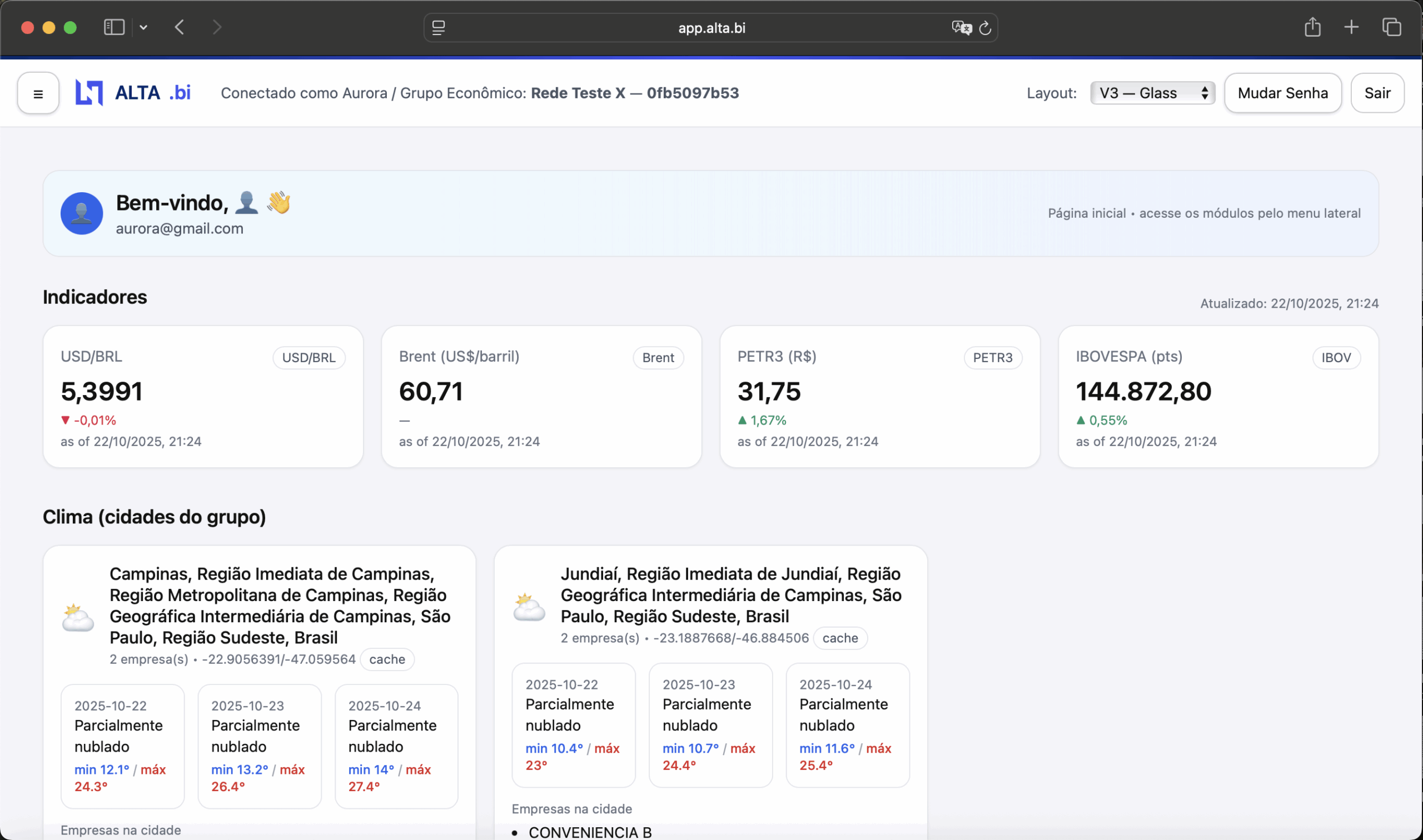 Tela de boas-vindas com atalhos do ALTA.bi
